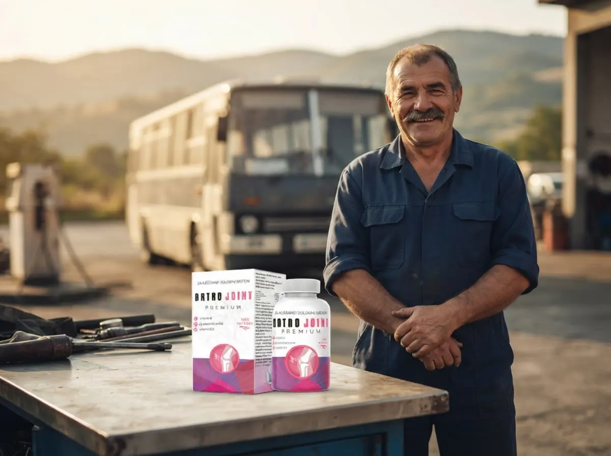 Artro Joint Premium: muškarac u radnoj košulji ispred autobusa pored kutije i bočice