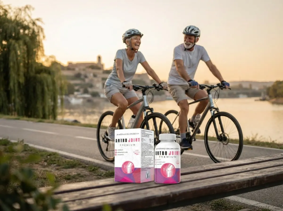 Artro Joint Premium: biciklistički par na stazi pored reke uz kutiju i bočicu