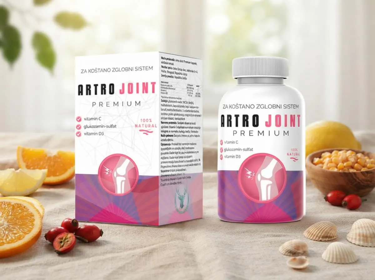 Artro Joint Premium: kutija i bočica na lanenom stolnjaku uz narandže, limun i šipurak