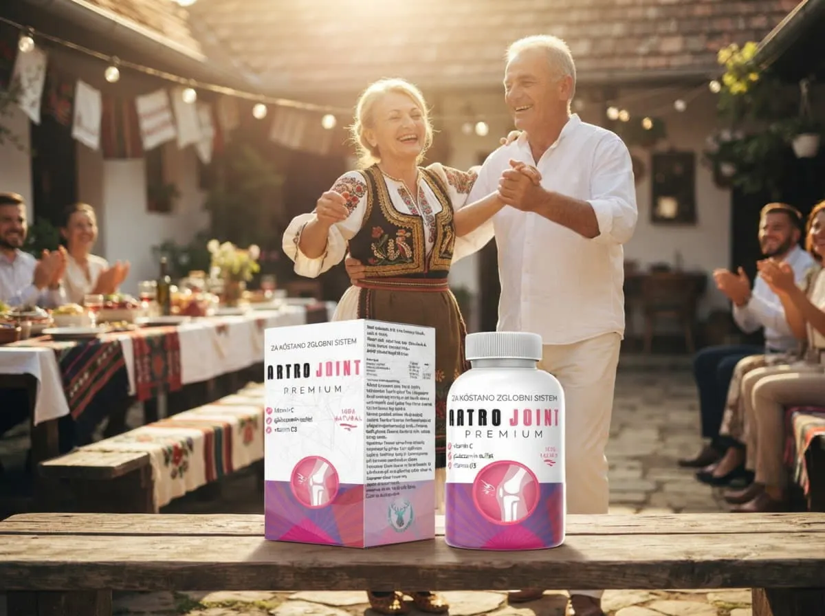 Artro Joint Premium: veselo kolo na seoskom slavlju, na stolu kutija i bočica
