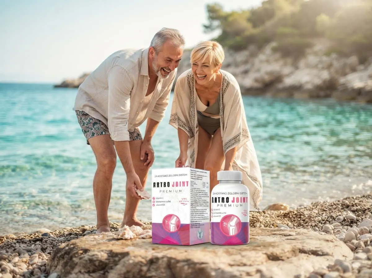 Artro Joint Premium: par na šljunkovitoj obali mora uz kutiju i bočicu
