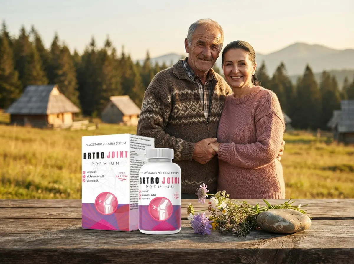 Artro Joint Premium: stariji par u planinskom selu sa bočicom na stolu ispred kuće