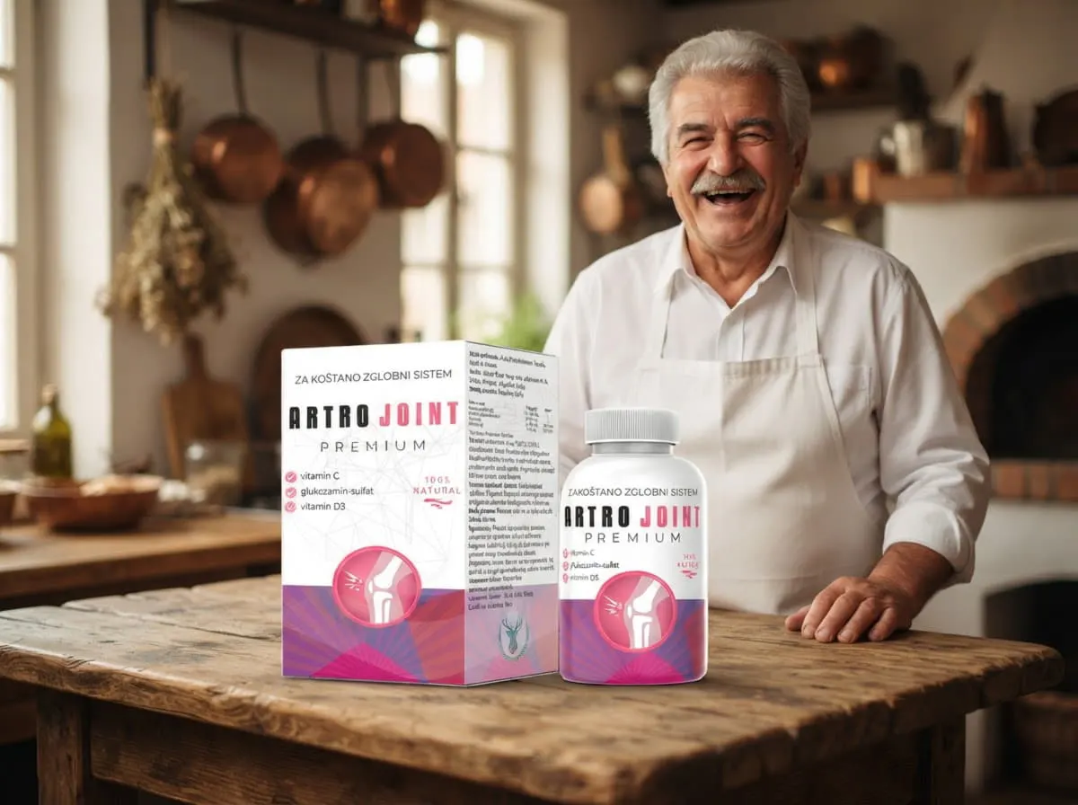 Artro Joint Premium: nasmejani pekar u kuhinji sa kutijom i bočicom na stolu