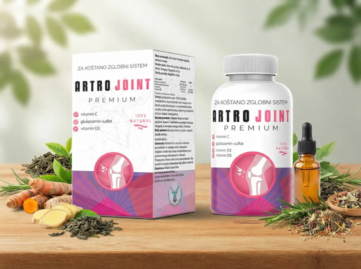 Artro Joint Premium: kutija i bočica uz prirodne sastojke na drvenom stolu