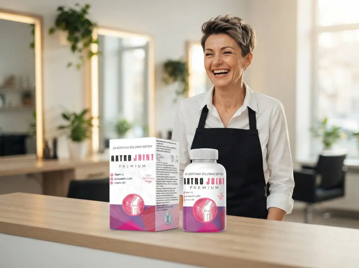 Artro Joint Premium: nasmejana žena u salonu pored kutije i bočice