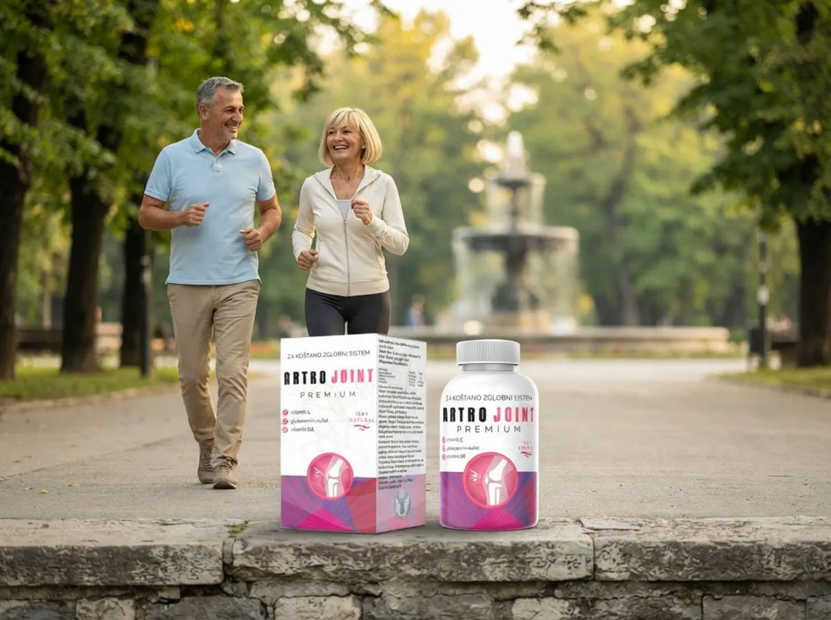 Artro Joint Premium: starije osobe u šetnji kroz park, uz kutiju i bočicu