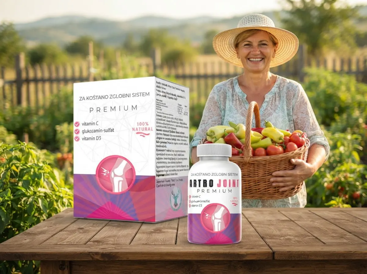 Artro Joint Premium: žena u slamnom šeširu sa korpom povrća u bašti pored kutije i bočice