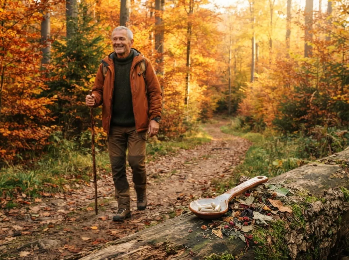 Nasmejan stariji muškarac sa štapom na jesenjoj šumskoj stazi, uz krem za zglobove Arthrovia