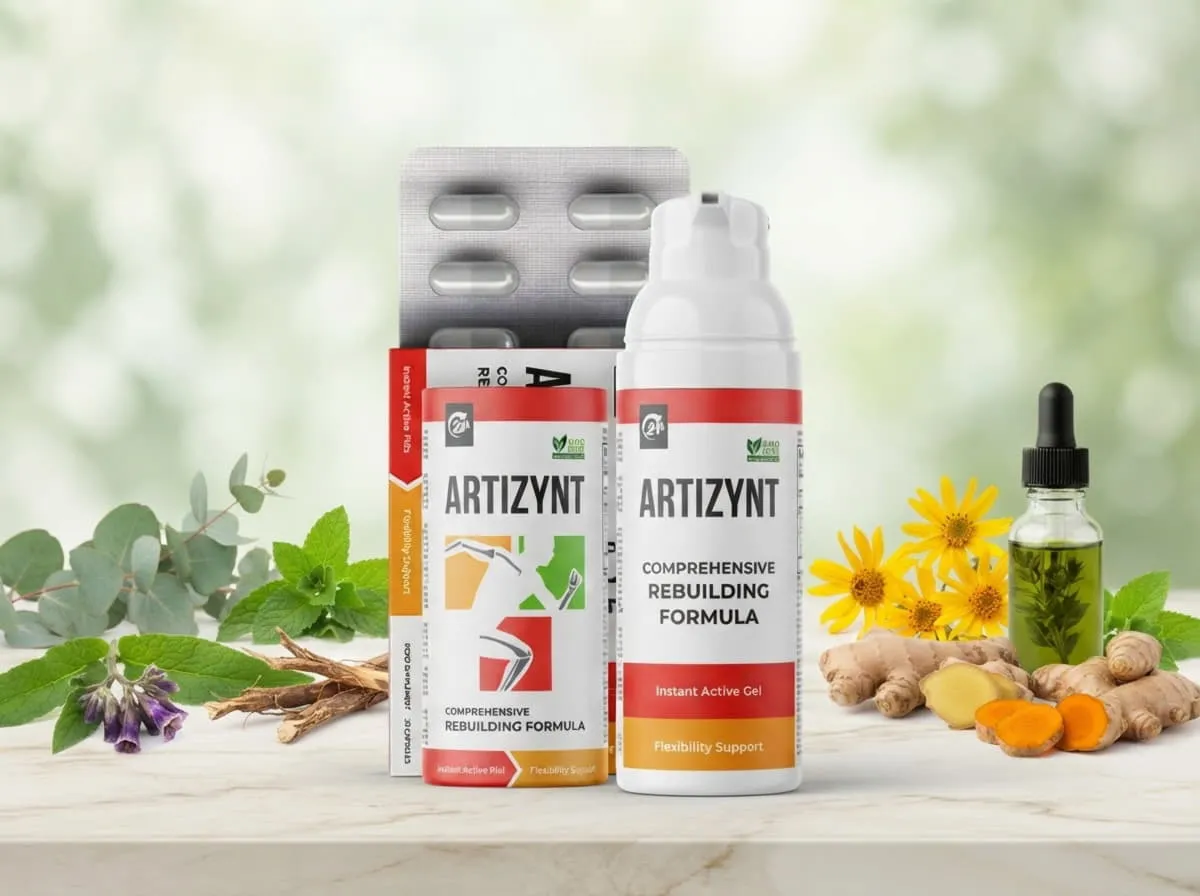 ArtiZynt gel i kapsule na mermernom stolu okruženi lekovitim biljem, kurkumom, biberom i cvetovima arnike