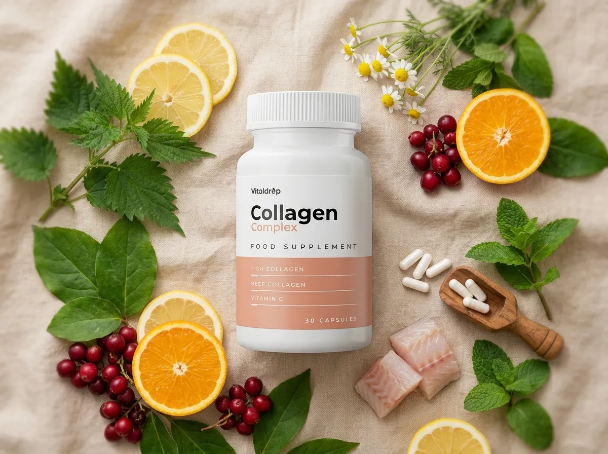 Collagen Complex: bela bočica na platnu među limunom, narandžom, mentom i komadima ribe, kao slika prirodnih sastojaka