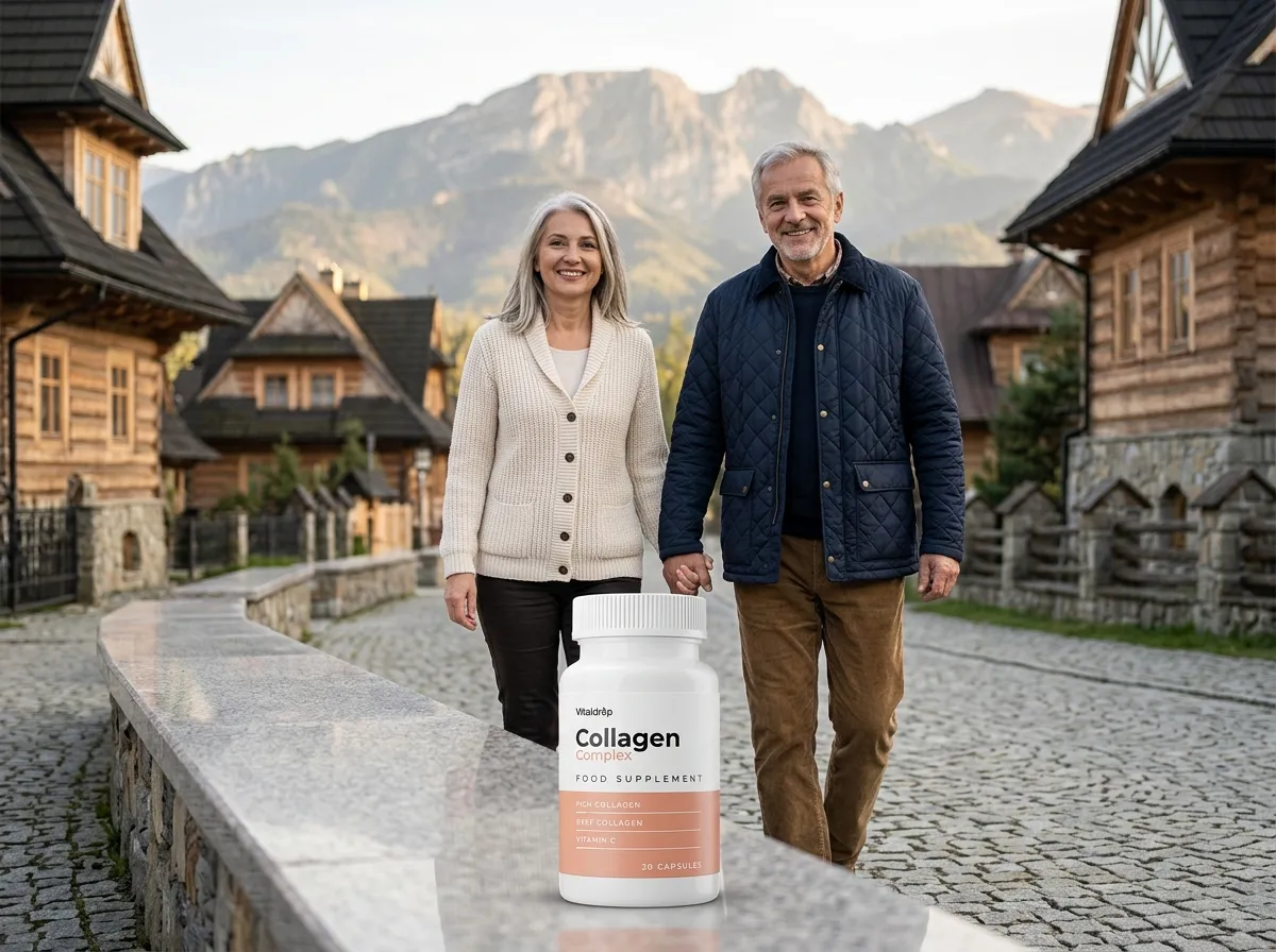 Collagen Complex: stariji par šeta kaldrmisanom stazom pored drvenih kuća u planinskom mestu, a ispred njih bočica