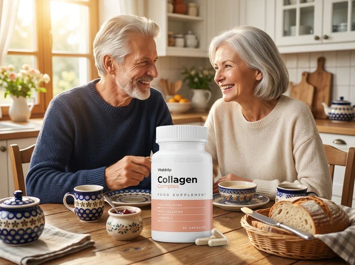 Collagen Complex: stariji par se smeje za doručkom u sunčanoj kuhinji, uz hleb i šoljice, a na stolu je bočica