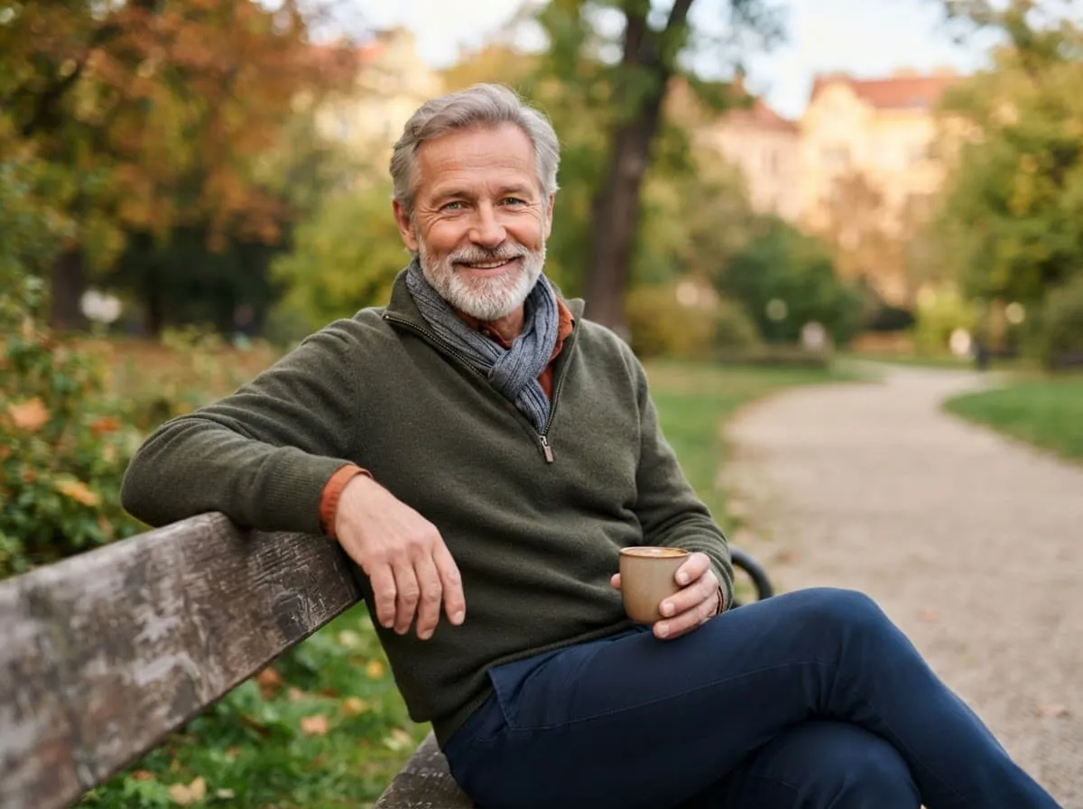 Stariji muškarac sa šoljom čaja odmara na klupi u jesenjem parku, uz gel Osteomed Ultra