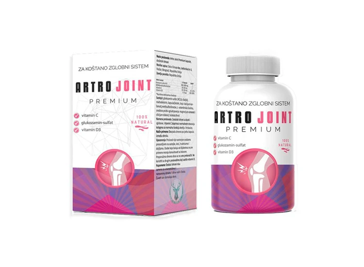Artro Joint Premium: kutija i bočica na beloj pozadini, na etiketi su navedena tri sastojka